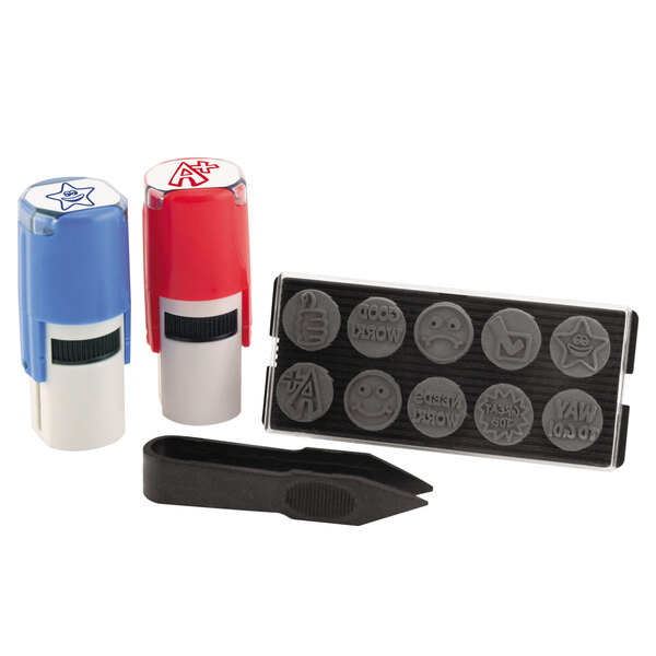 A U.S. Stamp & Sign Ever-Stamp rubber stamp set with red and blue ink.