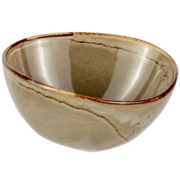 A white porcelain bowl with a brown rim.