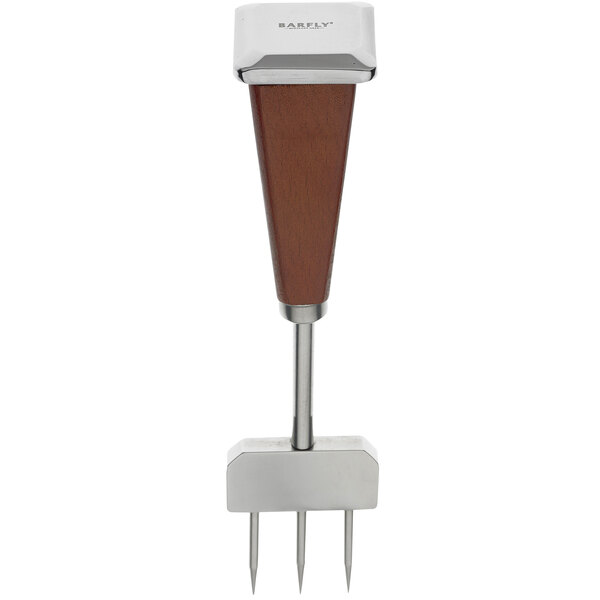 A Barfly stainless steel ice chipper with a wood handle and metal prongs.