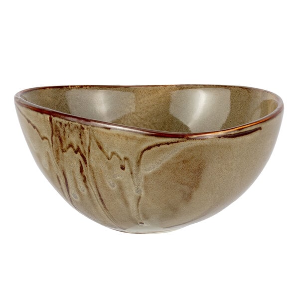 A close-up of a Bon Chef Tavola Harbour porcelain bowl with a brown swirl pattern.