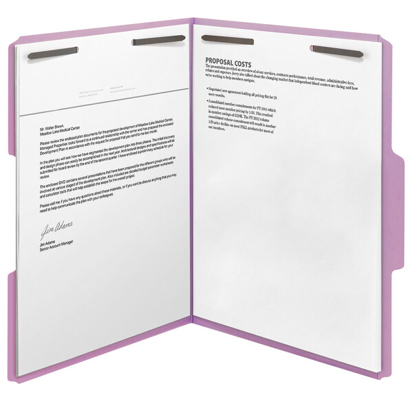 A Smead file folder with prongs and lavender top tabs holding a white document with black text.
