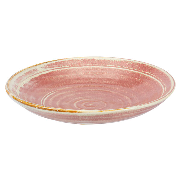 A white porcelain bowl with a pink and white rim and gold trim.