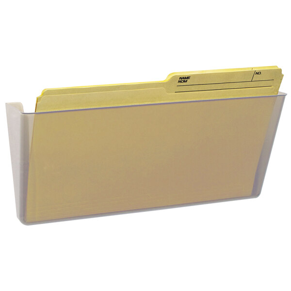 A Storex clear wall file with yellow folders inside.