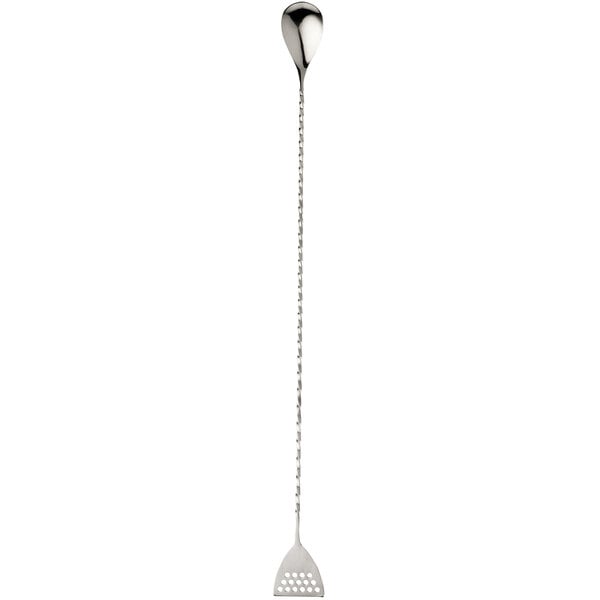 A silver stainless steel Barfly bar spoon with a long handle.