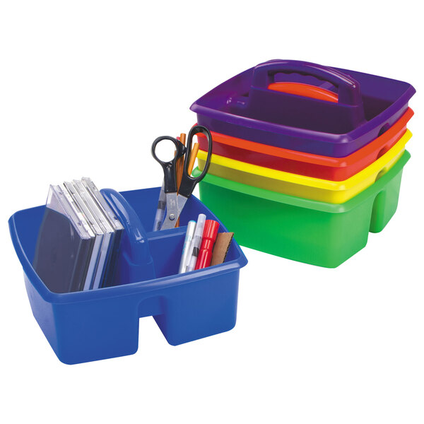 A group of colorful Storex small art caddies with scissors and pencils in a blue caddy.