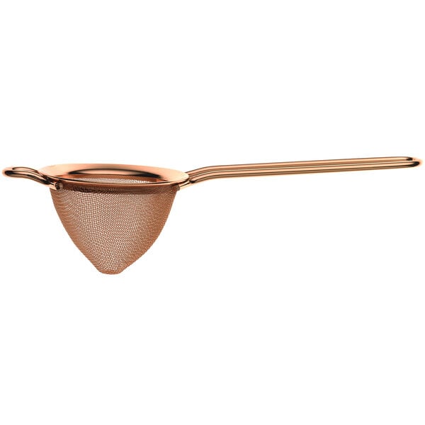 A Barfly copper conical fine mesh strainer with a handle.