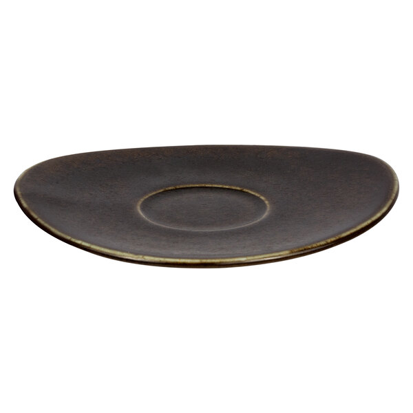 A brown porcelain saucer with a round center.