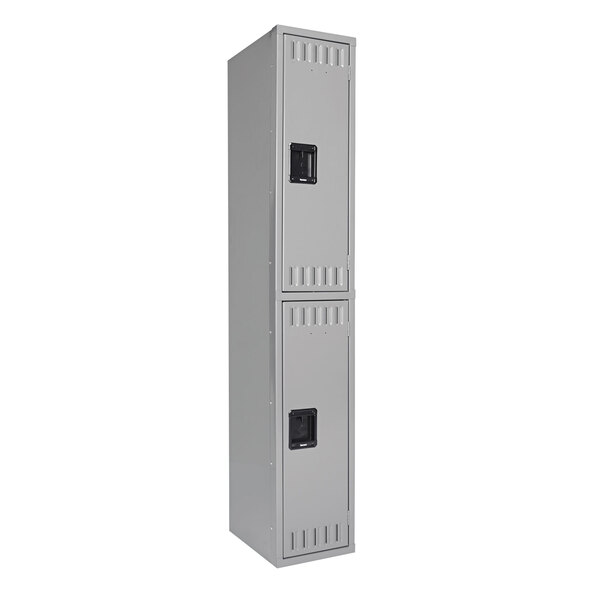 A grey Tennsco steel locker with two doors.