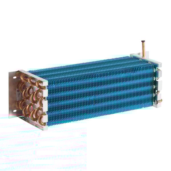 An evaporator coil for refrigeration units, featuring copper tubing and blue aluminum fins.