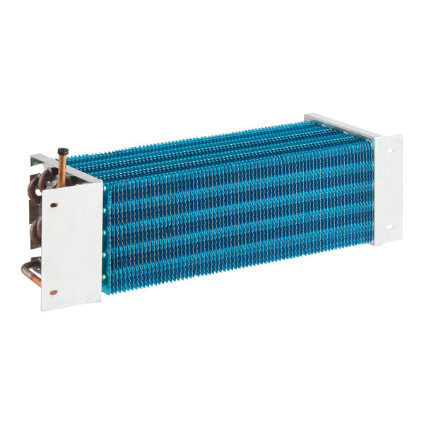 An evaporator coil unit with blue fins and metal end plates, designed for refrigeration systems.