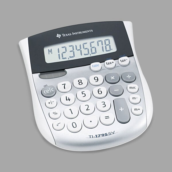 A Texas Instruments TI-1795SV calculator with a display, grey background, and silver buttons.