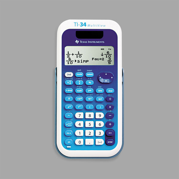 A white Texas Instruments TI-34 Multiview scientific calculator with a blue screen.