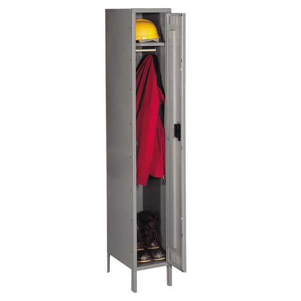 A Tennsco medium gray steel locker with a red jacket and yellow helmet inside.