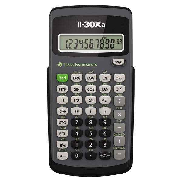 A grey Texas Instruments TI-30Xa scientific calculator with a black display and grey buttons.