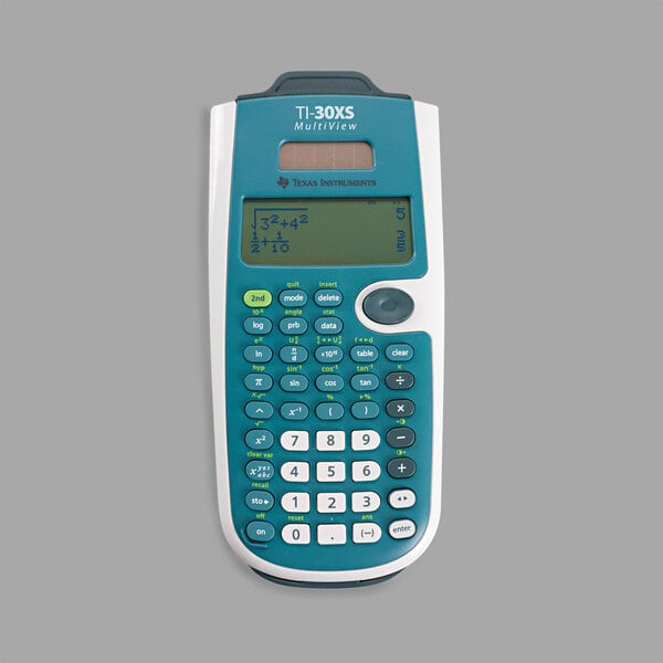 A Texas Instruments TI-30XS Multiview scientific calculator with a blue and white screen.