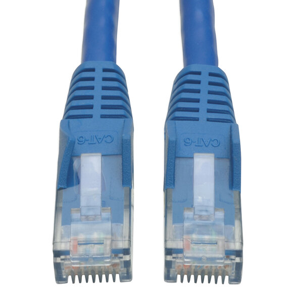 A close-up of a blue Tripp Lite Cat6 Ethernet cable with snagless connectors.