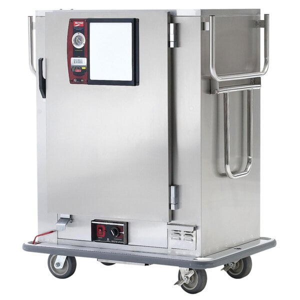 A Metro stainless steel heated banquet cabinet on wheels.