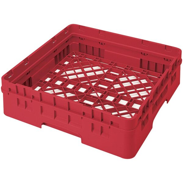 A red plastic Cambro dish rack with closed sides and 1 extender.