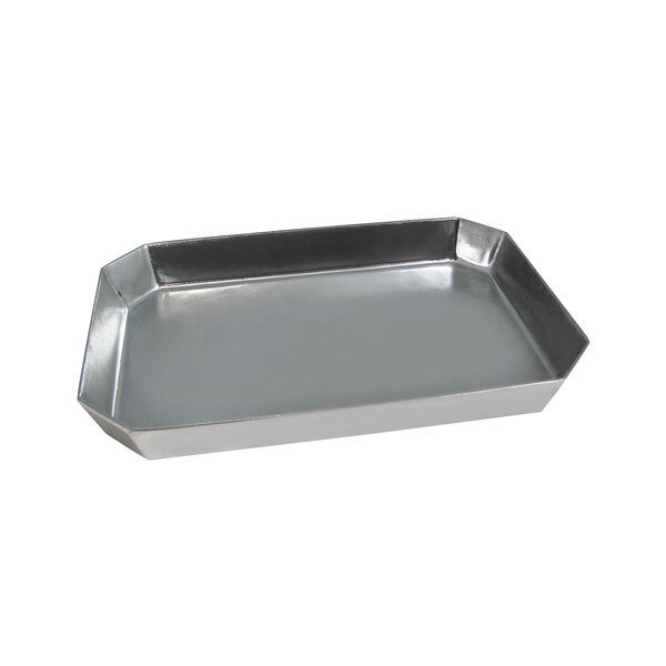 A silver rectangular tray with a hexagon shape and black border with Bon Chef 5064P octagonal casserole on it.
