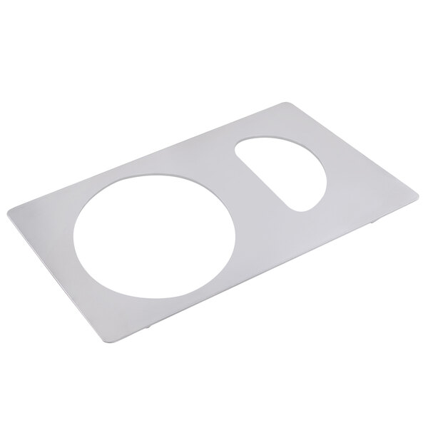 A white rectangular stainless steel tile with two circles.