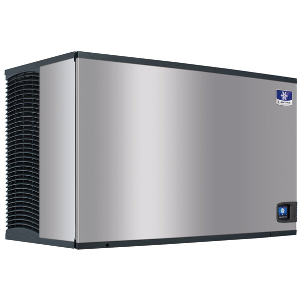 A silver rectangular Manitowoc Indigo NXT air cooled ice machine with black edges.