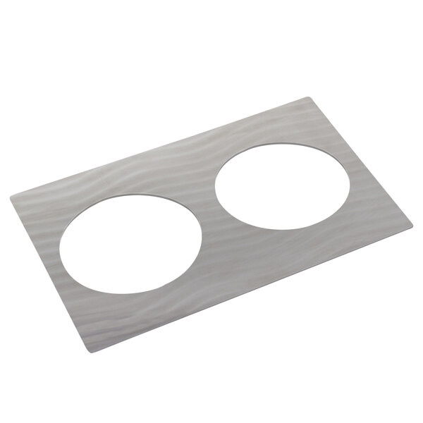 A white rectangular Bon Chef metal plate with two gray circles.