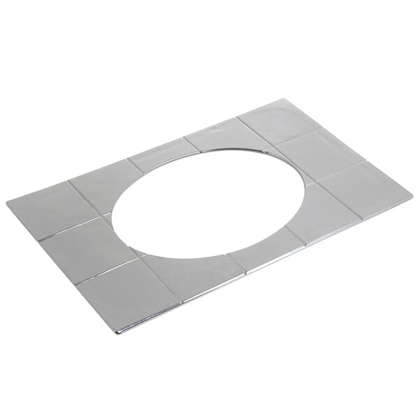 A square pewter-glo tile with a circle in the middle.