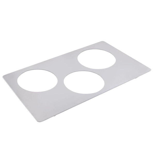 A white Bon Chef stainless steel tile with three circles.