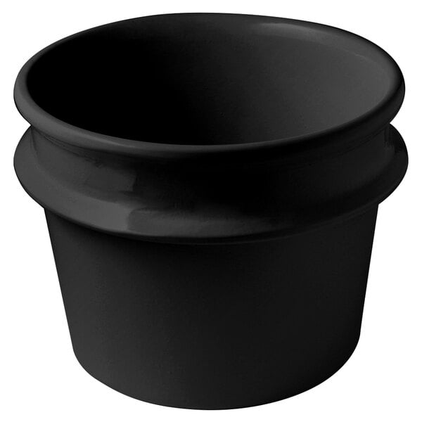 A black bowl with a flanged rim and a white background.