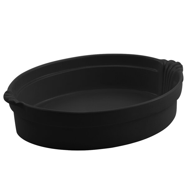 A black oval Bon Chef casserole dish with shell handles.
