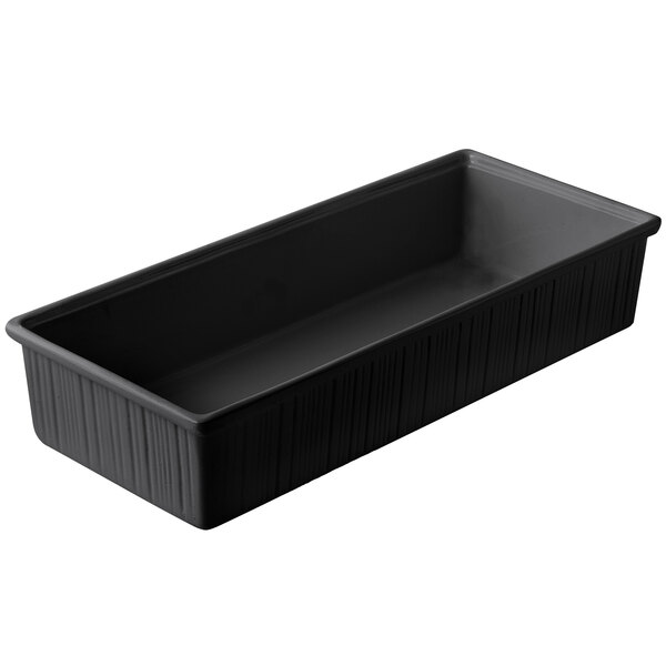 A black rectangular Bon Chef space saver bowl with a white background.