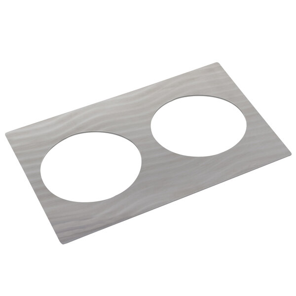 A white rectangular stainless steel plate with two circles.