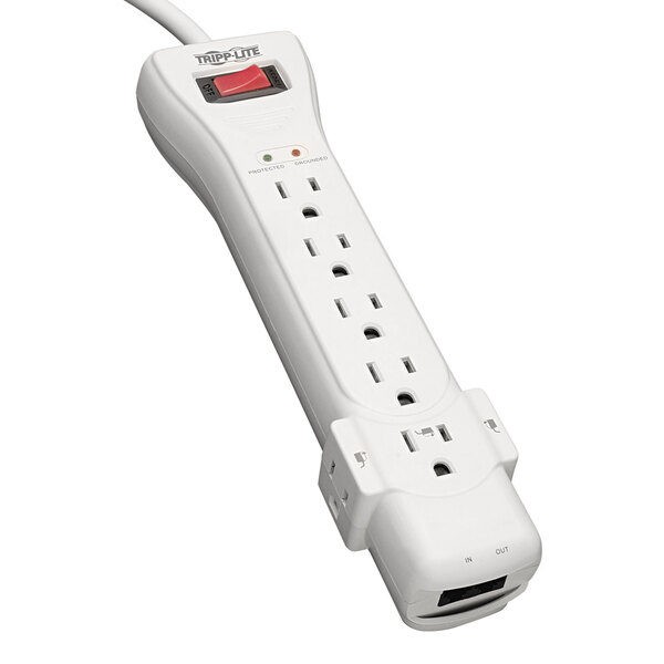 A light gray Tripp Lite power strip with seven outlets.