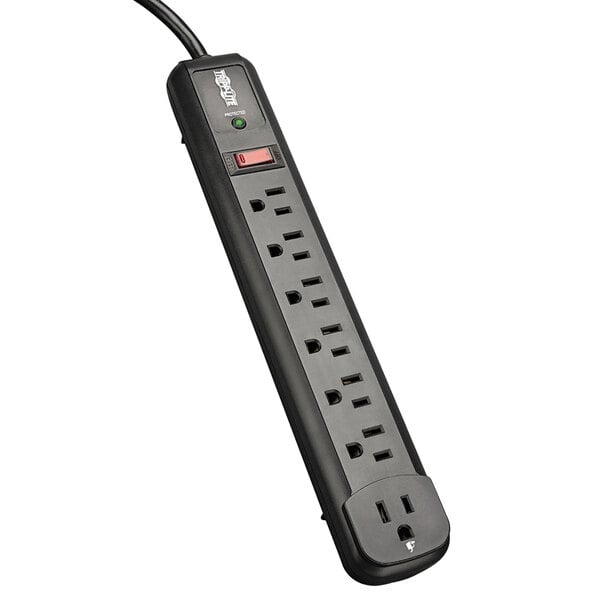 A close-up of a black Tripp Lite power strip with multiple outlets and a red cord.