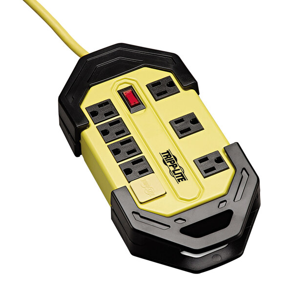 A yellow and black Tripp Lite industrial power strip with eight outlets.