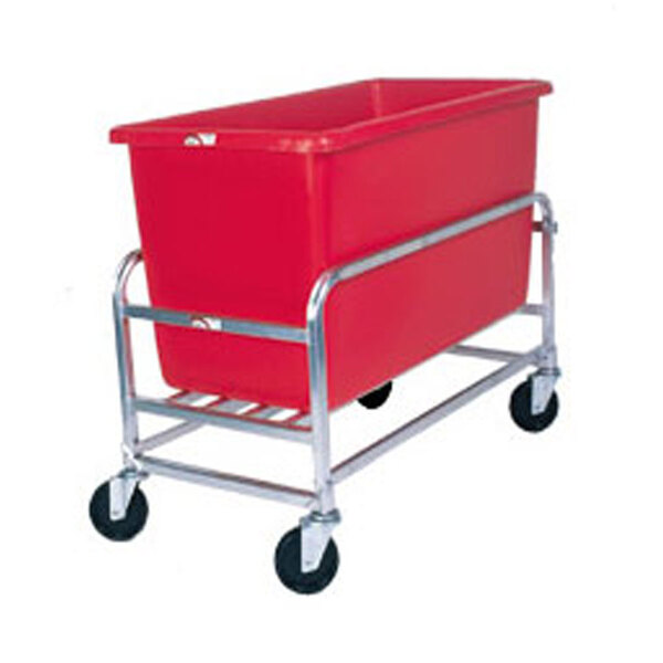 A red plastic container on a Winholt metal cart.
