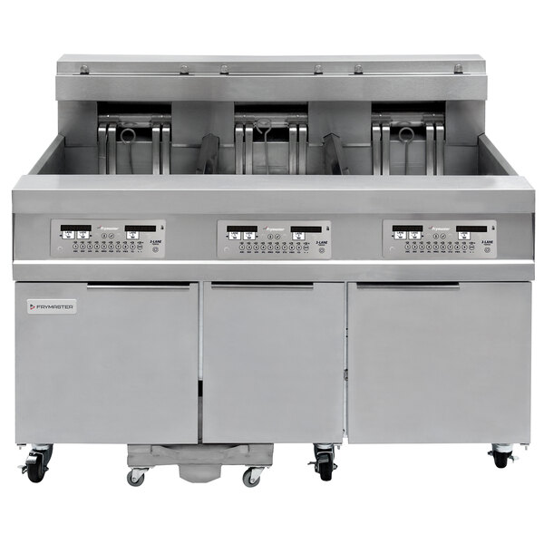 A large Frymaster electric floor fryer with three units and wheels.