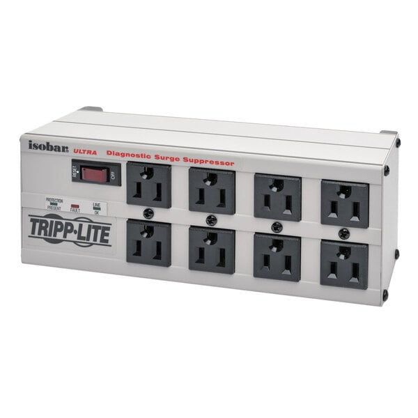 A close-up of a Tripp Lite surge protector with eight outlets.