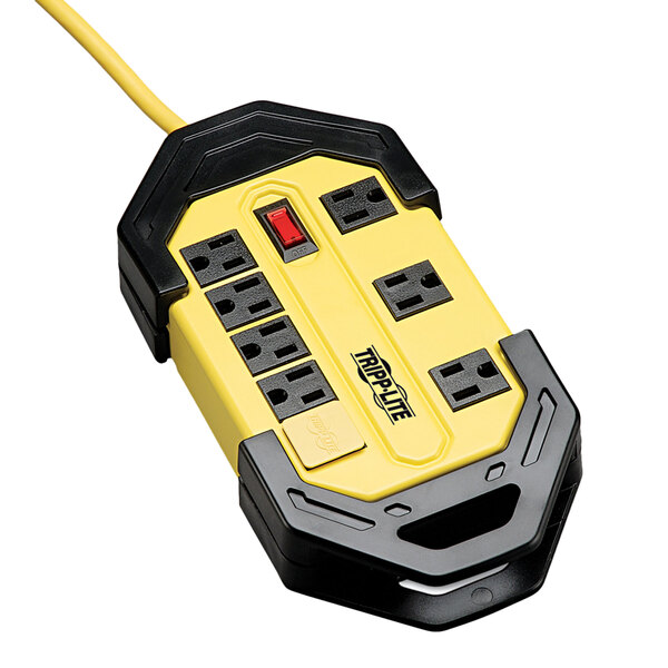 A yellow and black Tripp Lite Power It! power strip with a cord.
