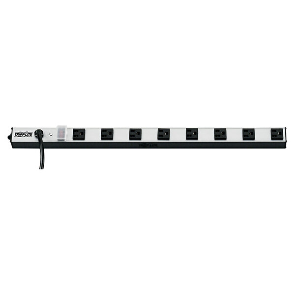 A black and white Tripp Lite power strip with eight outlets.