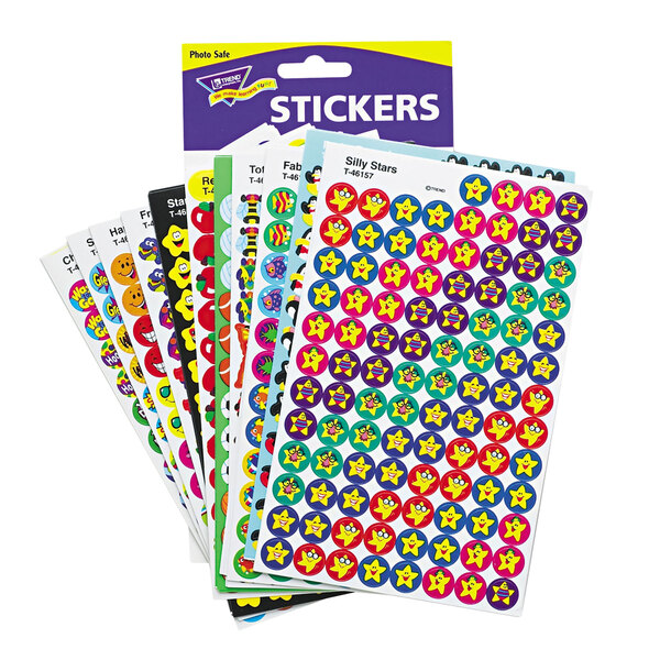 A pack of Trend Super Sports and Super Shapes children's stickers with different designs.