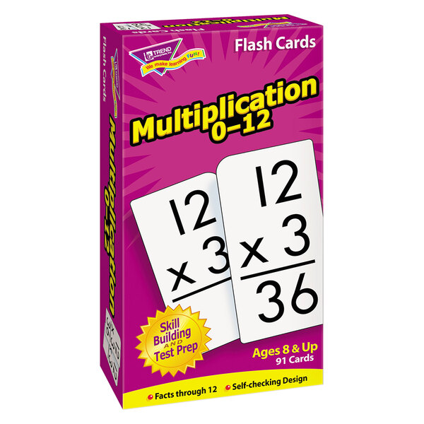 A purple box of Trend multiplication flash cards with white cards on it.