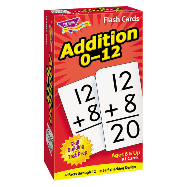 A box of white Trend addition flash cards with numbers on them.