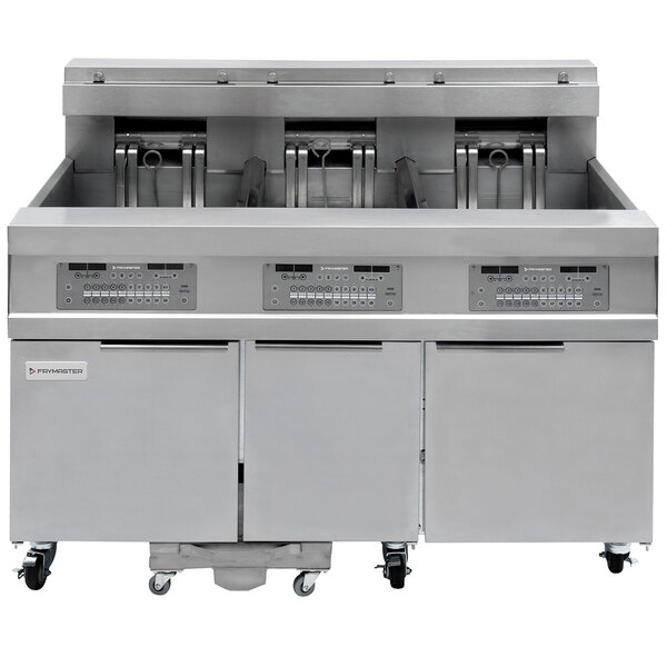 A large commercial electric deep fryer with three drawers.