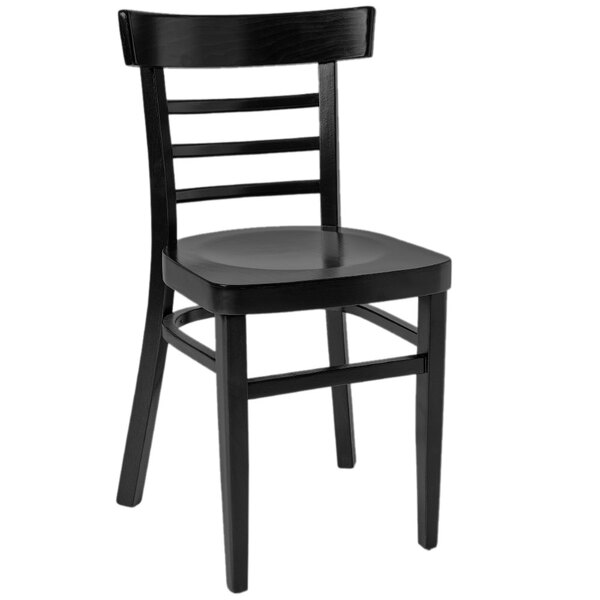 A BFM Seating black wooden side chair with a black seat.
