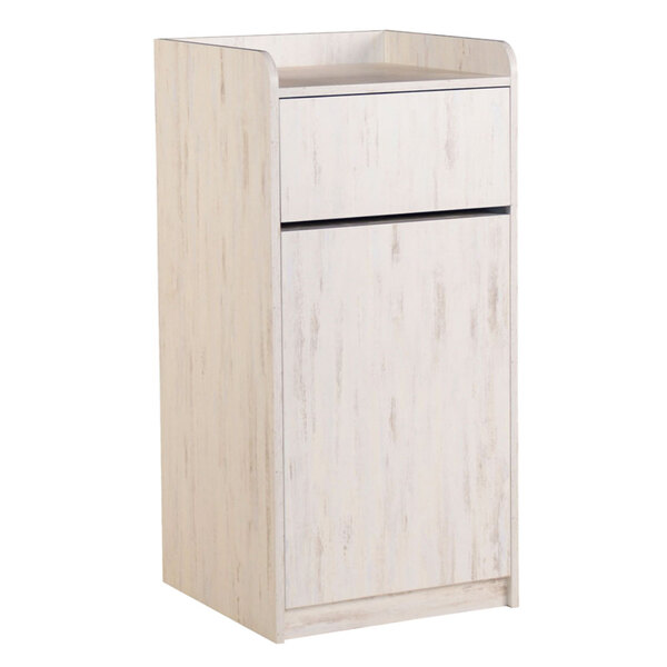 A white wooden cabinet with a drawer.