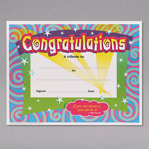 A pack of 30 Trend congratulations certificates with colorful backgrounds.