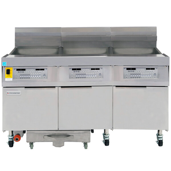 Frymaster FPLHD365 100 lb. Liquid Propane Three Unit Floor Fryer with SMART4U 3000 Controls and Filtration System - 315,000 BTU