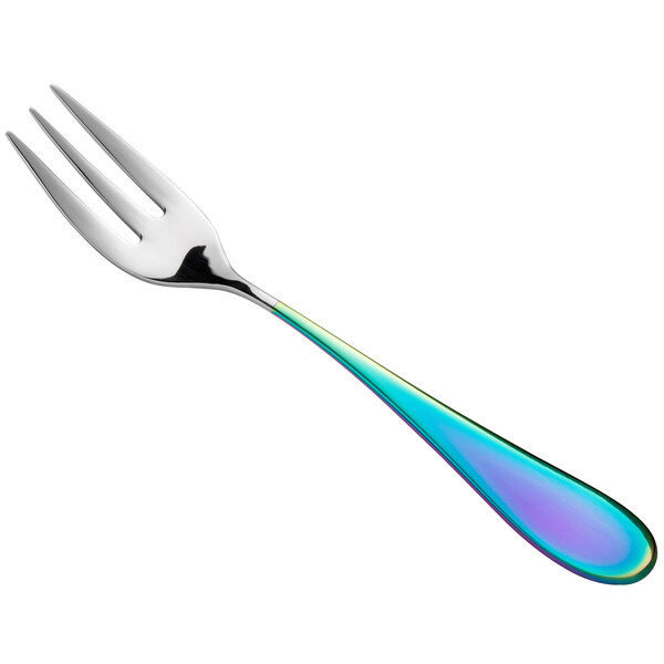 A Reserve by Libbey stainless steel cocktail fork with a colorful handle.