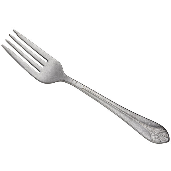 A stainless steel salad fork with a silver handle on a white background.
